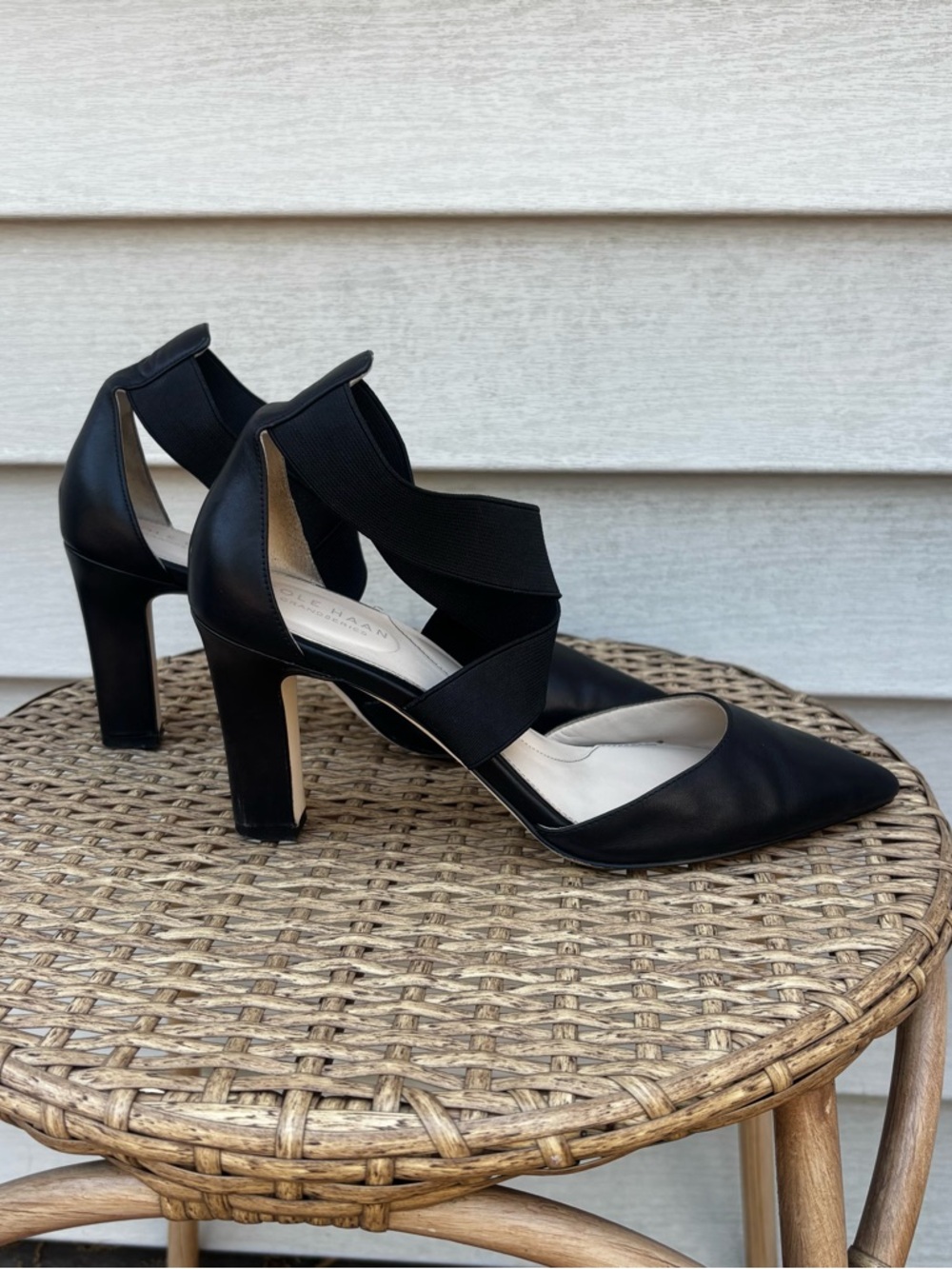Cole Haan Black Leather Pointed-Toe Elastic Strap Heels - Size 8B